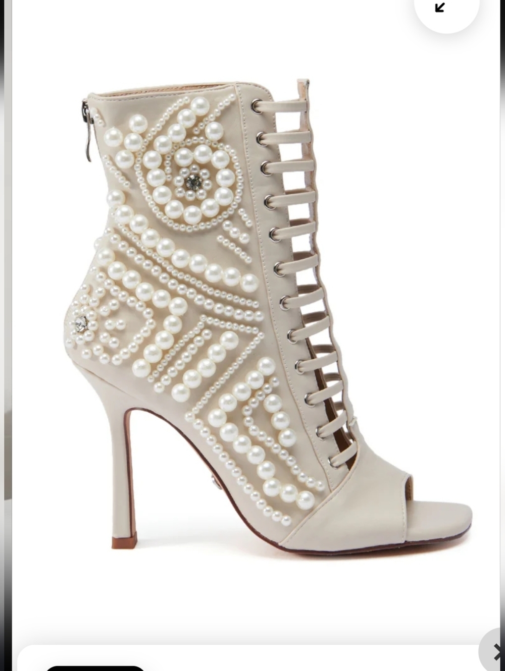 Pearl-Embellished Open-Toe Lace-Up High Heel Ankle Boot - Cream